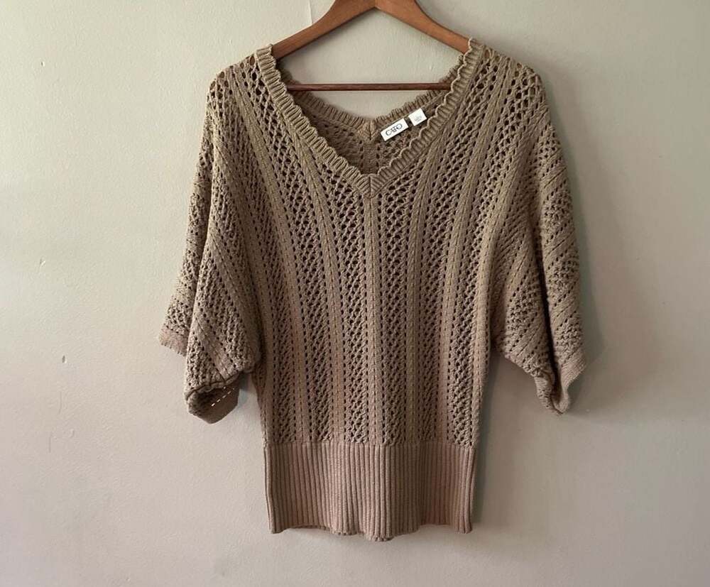 Cato Taupe Open Knit Dolman Sleeve V-Neck Sweater